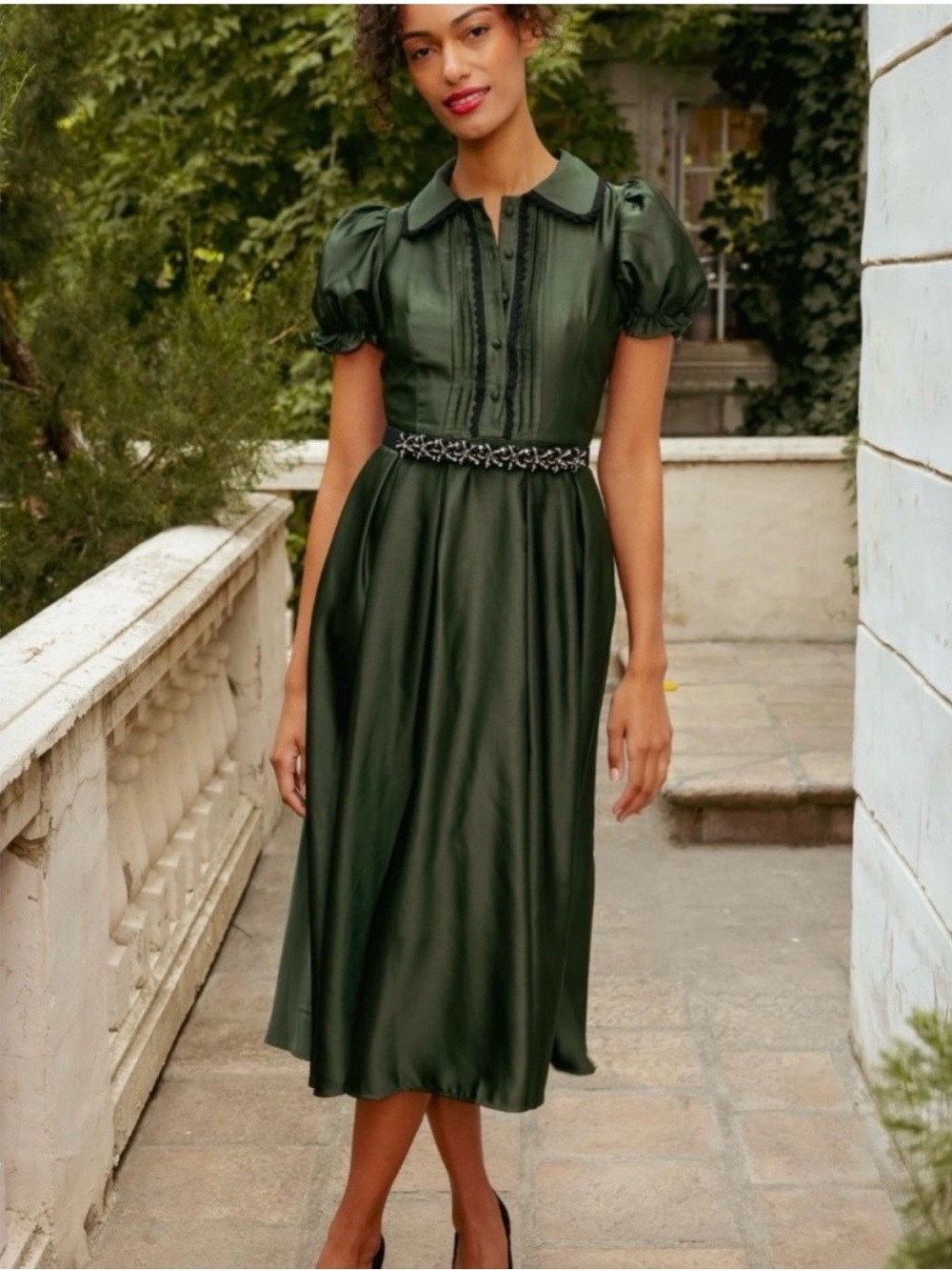 Ivy City Co Dark Green Puff-Sleeve Maxi Dress